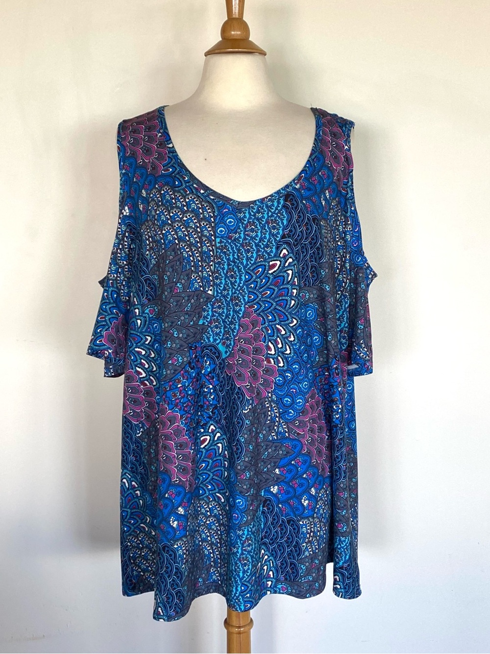 Blue & Purple Cold-Shoulder Print Women's Top Sz 3X